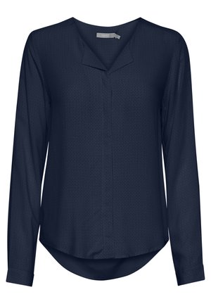 Jūras spēku garās piedurknes blūze ar teksturētu rakstu, V formas kakla izgriezumu un noapaļotu apakšmalu. Izgatavota no viegla auduma ar pogājamiem piedurkņu galiem.