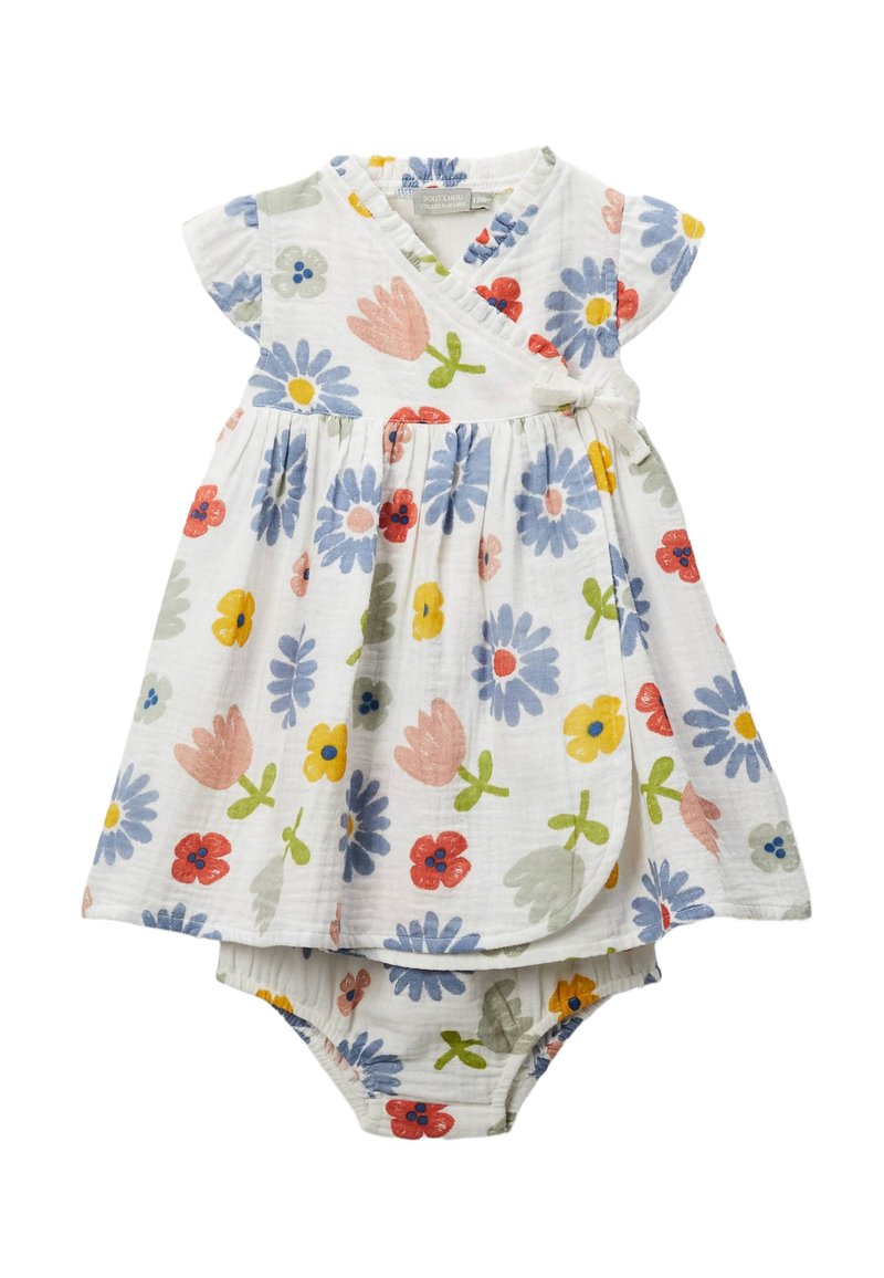 Robe à imprimé floral avec des manches courtes, fabriquée en tissu léger. Les couleurs incluent blanc, rose, bleu, jaune et rouge. Comprend des culottes fixes.