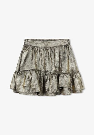 Metalen zilveren rok met een gerimpelde zoom, met een gladde, glanzende textuur en een elastische tailleband voor comfort.