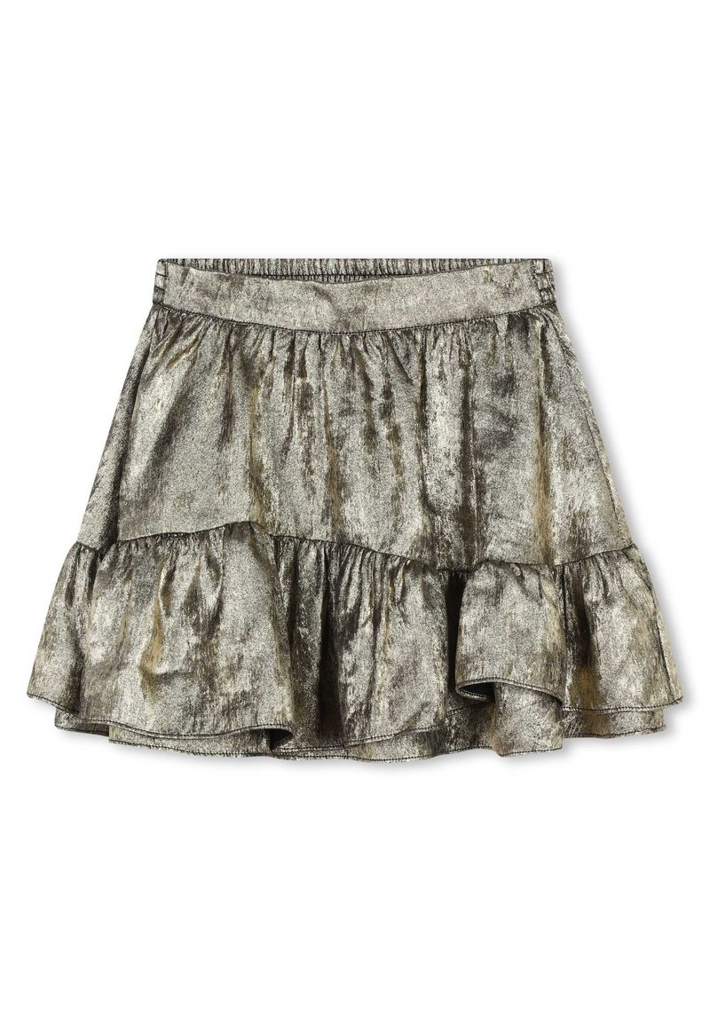 Jupe argentée métallique avec un ourlet en dentelle, présentant une texture lisse et brillante et une taille élastique pour le confort.