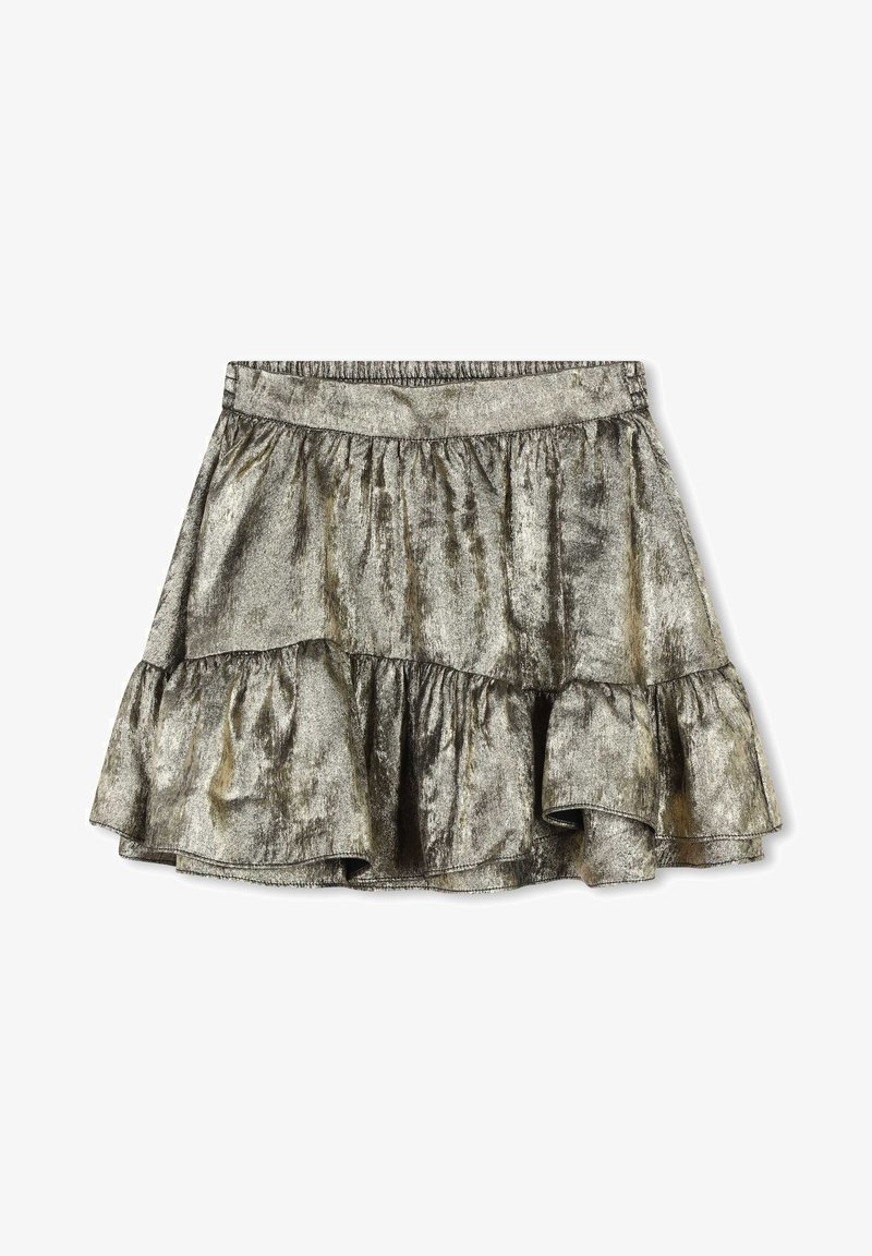 Jupe argentée métallique avec un ourlet en dentelle, présentant une texture lisse et brillante et une taille élastique pour le confort.