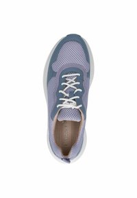 Light purple athletic shoe with a mesh upper, smooth grey accents, white laces, and a textured rubber sole. Inside shows logo detail.