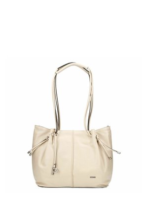 Sac à bandoulière en cuir crème avec doubles sangles, détails à cordon de serrage latéraux et petit charm métallique "P" à l'avant.