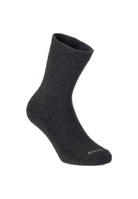 Czarny skarpetka sięgająca do połowy łydki z fakturą prążkowaną, ustawiona pionowo na białym tle.