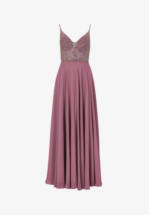 Staubrosa Robe mit einem figurbetonten, mit Pailletten besetzten Oberteil, tiefem V-Ausschnitt und fließendem A-Linien-Rock. Verstellbare Spaghettiträger und gerafftes Stoffdetail.