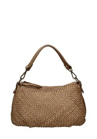Borsa a tracolla intrecciata marrone con forma rotonda, dotata di chiusura con zip sulla parte superiore e una maniglia curva singola. Materiale in pelle testurizzata e dettagli in ottone.