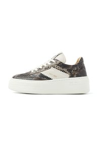 Sneakers with a brown snake print upper, white laces, and a white platform sole. Features branding and a rounded toe design.
