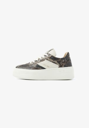 Sneakers with a brown snake print upper, white laces, and a white platform sole. Features branding and a rounded toe design.