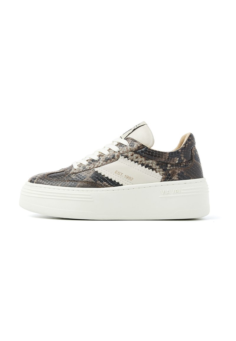 Sneakers with a brown snake print upper, white laces, and a white platform sole. Features branding and a rounded toe design.