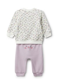 Baby kledingset met een witte bloemetjes lange mouwen top en lichtpaarse broek, met een geborduurd glimlachend gezicht op de achterkant.