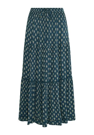 Jupe longue bleu sarcelle à design à volants, taille à cordon de serrage, avec un motif floral paisley blanc sur toute la surface.