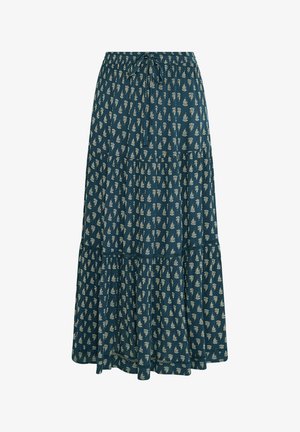 Jupe longue bleu sarcelle à design à volants, taille à cordon de serrage, avec un motif floral paisley blanc sur toute la surface.