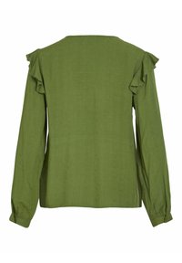 Green long-sleeve blouse featuring ruffled shoulder accents and a textured fabric. The back has a straight cut with buttoned cuffs.
