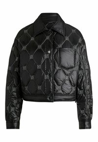 Black quilted jacket featuring a shiny finish, large collar, snap buttons, and a chest pocket with a logo pattern throughout.