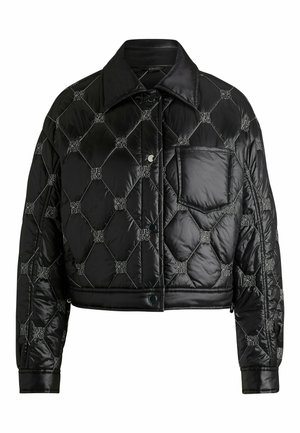 Black quilted jacket featuring a shiny finish, large collar, snap buttons, and a chest pocket with a logo pattern throughout.