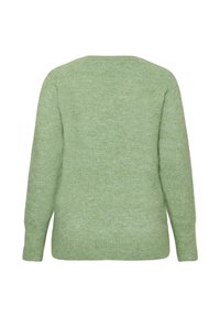 Gaiši zaļš gara piedurkne džemperis. Mīksts, teksturēts audums ar vaļīgu pieguļumu un apaļu kakla izgriezumu. Vienkāršs, bezšuvju aizmugures dizains.