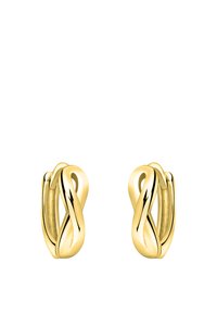 Guldtonade hängande örhängen med en vriden design och släta, polerade ytor i oval form. Minimalistisk stil utan utsmyckningar.