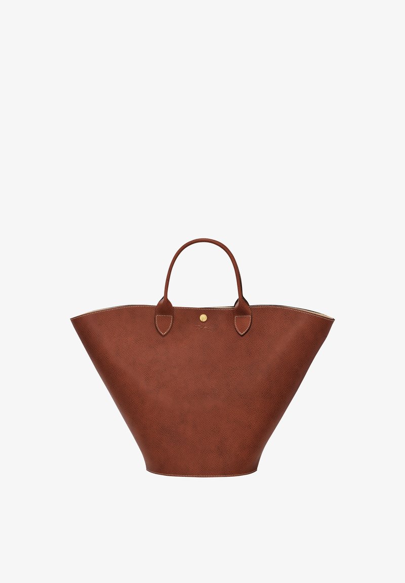 Braune Ledertasche mit einer strukturierten Kegelform, kurzen Griffen, goldfarbener Hardware und einer strukturierten Oberfläche. Das Innere ist hell gefärbt.