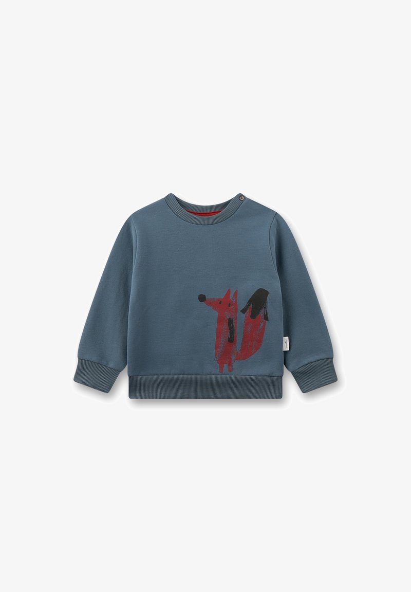 Blue cotton sweatshirt with long sleeves, featuring a red fox graphic on the front, ribbed cuffs, and a round neckline with snap closure.
