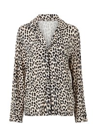 Langærmet skjorte med leopardmønster og knaplukning, hals med notcher, brystlomme og sorte piping-detaljer, lavet af blødt stof.