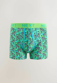 Zöld pamut boxer alsónadrág, fekete-fehér zebra mintával, kék részletekkel a derékrészen és az varrásnál.