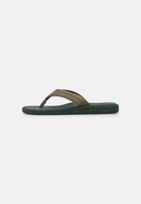 Olive green flip-flops with a textured footbed, featuring two textured straps and a thick green outsole.