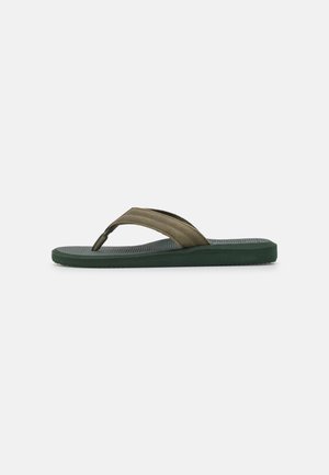 Olive green flip-flops with a textured footbed, featuring two textured straps and a thick green outsole.