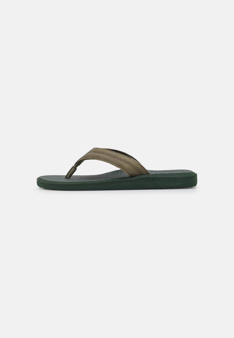 Olive green flip-flops with a textured footbed, featuring two textured straps and a thick green outsole.