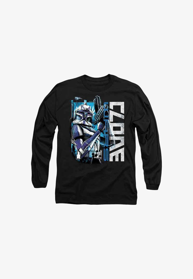 Black long-sleeve shirt with graphic of a Clone Trooper holding a blaster and the word "CLONE" in bold white letters.