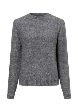 Grau gestrickter Pullover mit Rundhalsausschnitt und langen Ärmeln. Verfügt über einen strukturierten Stoff sowie gerippte Bündchen und Saum für zusätzlichen Komfort.