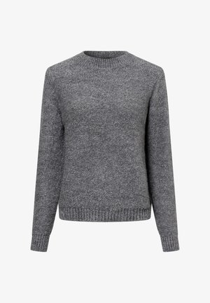 Grey knitted sweater with a round neckline and long sleeves. Features a textured fabric and ribbed cuffs and hem for comfort.