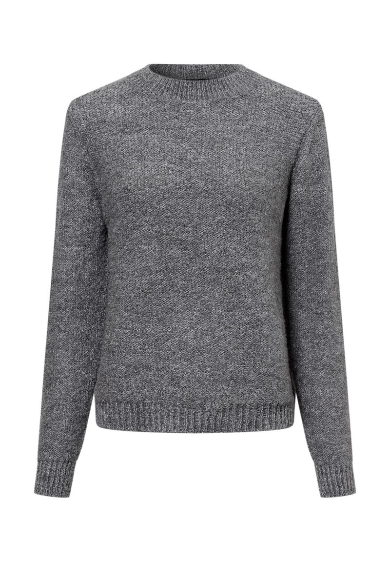 Grau gestrickter Pullover mit Rundhalsausschnitt und langen Ärmeln. Verfügt über einen strukturierten Stoff sowie gerippte Bündchen und Saum für zusätzlichen Komfort.