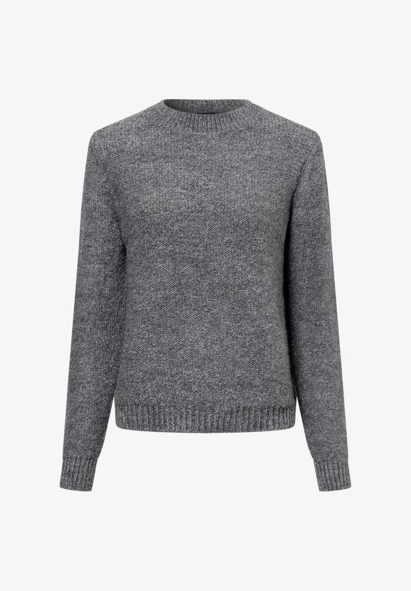 Grau gestrickter Pullover mit Rundhalsausschnitt und langen Ärmeln. Verfügt über einen strukturierten Stoff sowie gerippte Bündchen und Saum für zusätzlichen Komfort.
