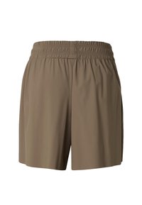 Brune, uformelle shorts med elastisk midje og sidelommer, vist forfra på en ensfarget hvit bakgrunn.