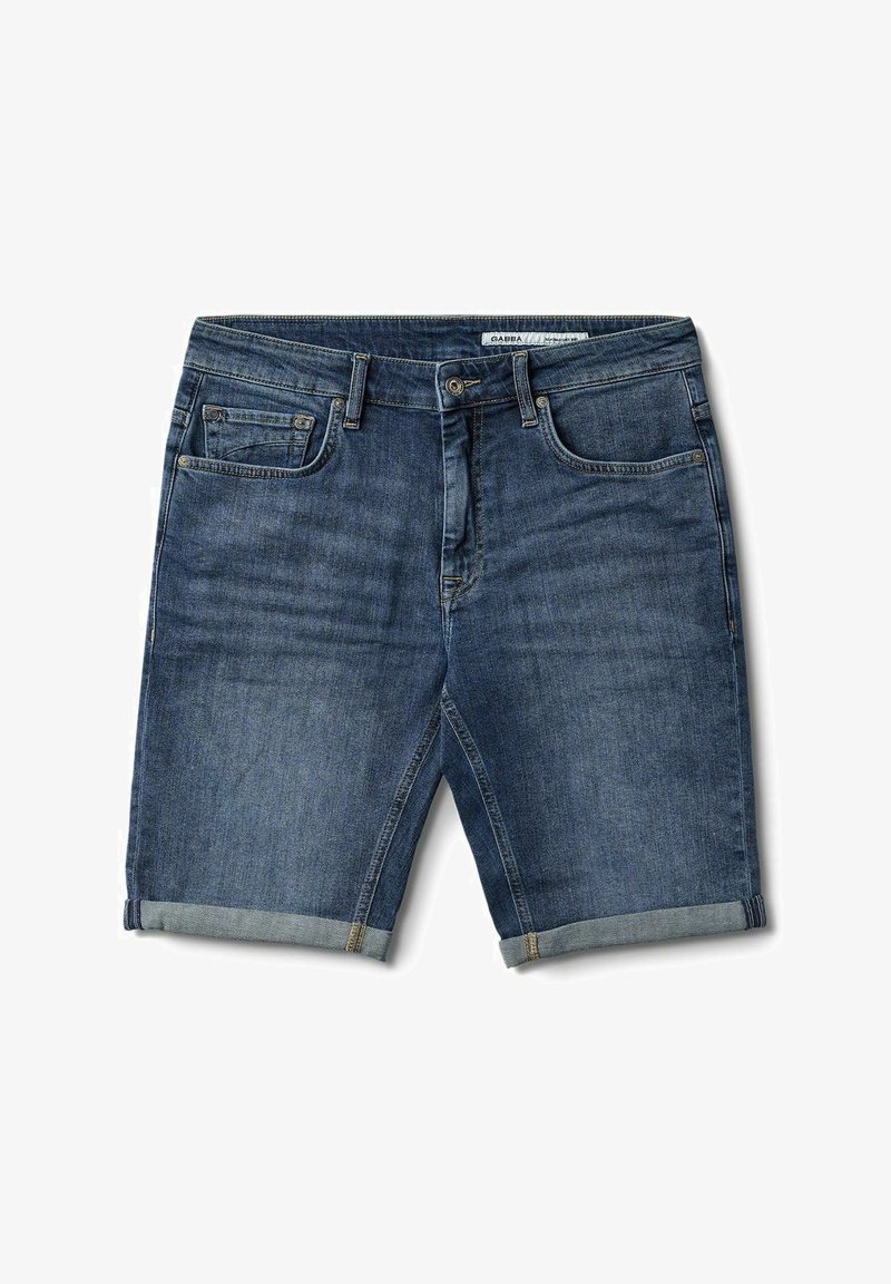 Tamsiai mėlyni džinsiniai šortai su klasikiniu penkių kišenių dizainu, sulenktu kraštu ir užtrauktuku su metaliniu mygtuko užsegimu.