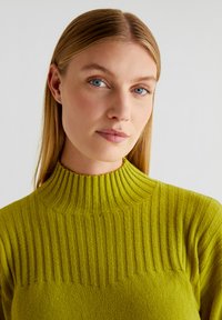 Sweter z golfem w intensywnym limonkowym kolorze. Posiada teksturowany wzór z pionowymi liniami i dopasowany krój. Miękka tkanina.