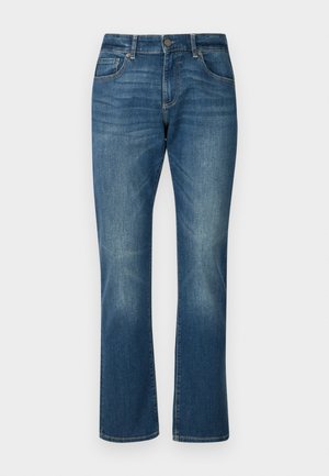 Blue denim jeans with a straight leg design, featuring five pockets, a button closure, and subtle faded detailing on the thighs.
