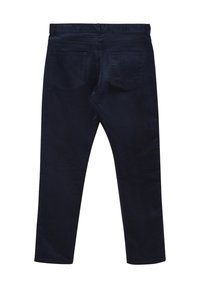 Pantalons en velours côtelé bleu marine avec une coupe droite, dotés de deux poches arrière et d'une texture lisse. Style simple et classique.