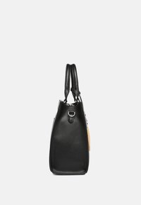 Black leather handbag with two top handles, side stitching, and a textured accent panel. Features a metallic loop detail. Squared shape.