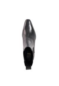 Black leather ankle boot with a pointed toe, smooth texture, and a pull tab at the back. Inside features gold "Dune" branding.