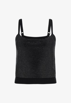 Juodas marškinėlis be rankovių su reguliuojamomis petnešomis, turintis tekstūruotą paviršių, puošiamą sidabro spalvos nagais, išdėstytais gradientiniu raštu.