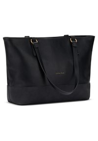 Black leather tote bag with gold hardware, smooth texture, and a zippered top. Features two sturdy shoulder straps and embossed logo design.