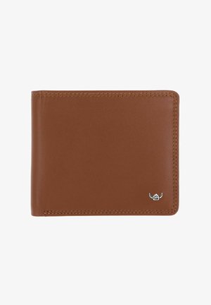 Portefeuille bifold en cuir marron avec coutures visibles et petit logo argenté en bas à droite.