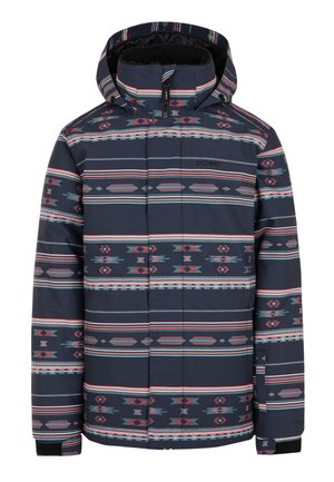 Dugi jakna s podstavom koja ima mornarsko plavu osnovu s geometrijskim uzorkom u ružičastoj, tirkiznoj i bijeloj boji. Uključuje kapuljaču i zatvaranje na patentni zatvarač.