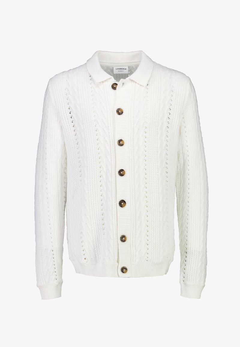 Biały dziergany kardigan z kołnierzykiem, ozdobiony fakturowanym wzorem i brązowymi guzikami z przodu. Ściągacze na mankietach i u dołu.
