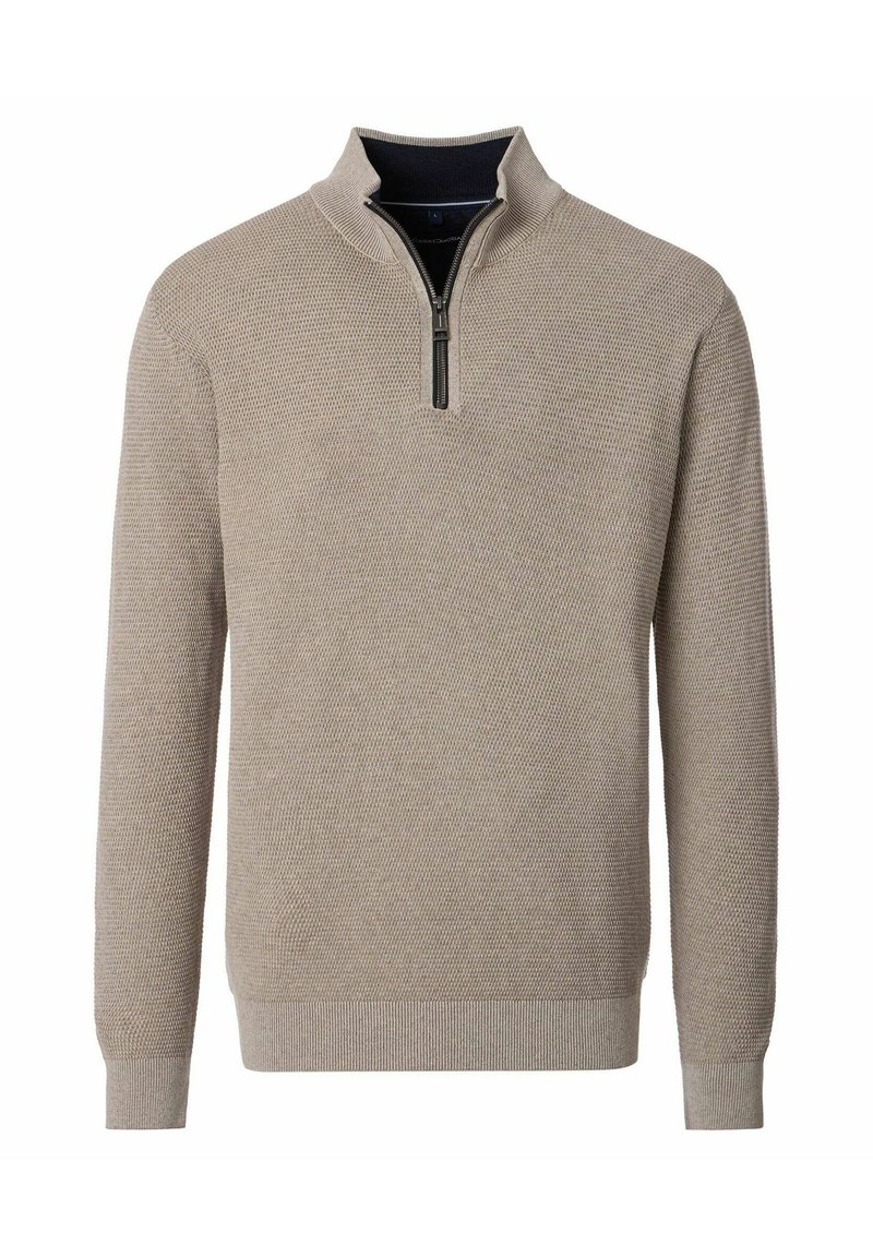 Beige strukturierter Strickpullover mit langen Ärmeln, gerippten Bündchen und Saum sowie einem kurzen schwarzen Reißverschluss am Kragen mit Stehkragen.