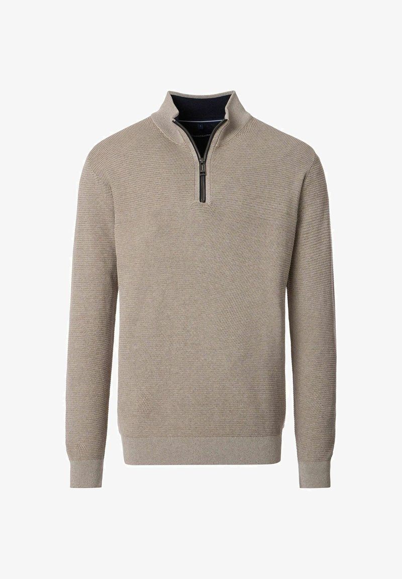 Beige strukturierter Strickpullover mit langen Ärmeln, gerippten Bündchen und Saum sowie einem kurzen schwarzen Reißverschluss am Kragen mit Stehkragen.