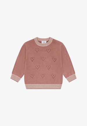 Pull tricoté rose pour tout-petit avec des motifs en forme de cœur en point ajouré et des poignets, un ourlet et un col côtelés à rayures blanches.