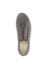 Gray suede sneaker with lace-up front and side zipper. Rounded toe, textured upper, and lightweight sole. Interior logo visible.