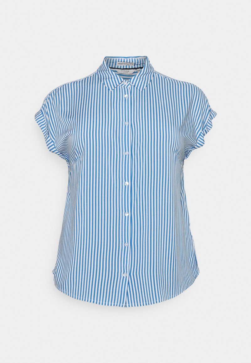 Blouse à manches courtes à rayures verticales bleues et blanches, avec col, boutons sur le devant et ourlet arrondi, présentée sur fond blanc.